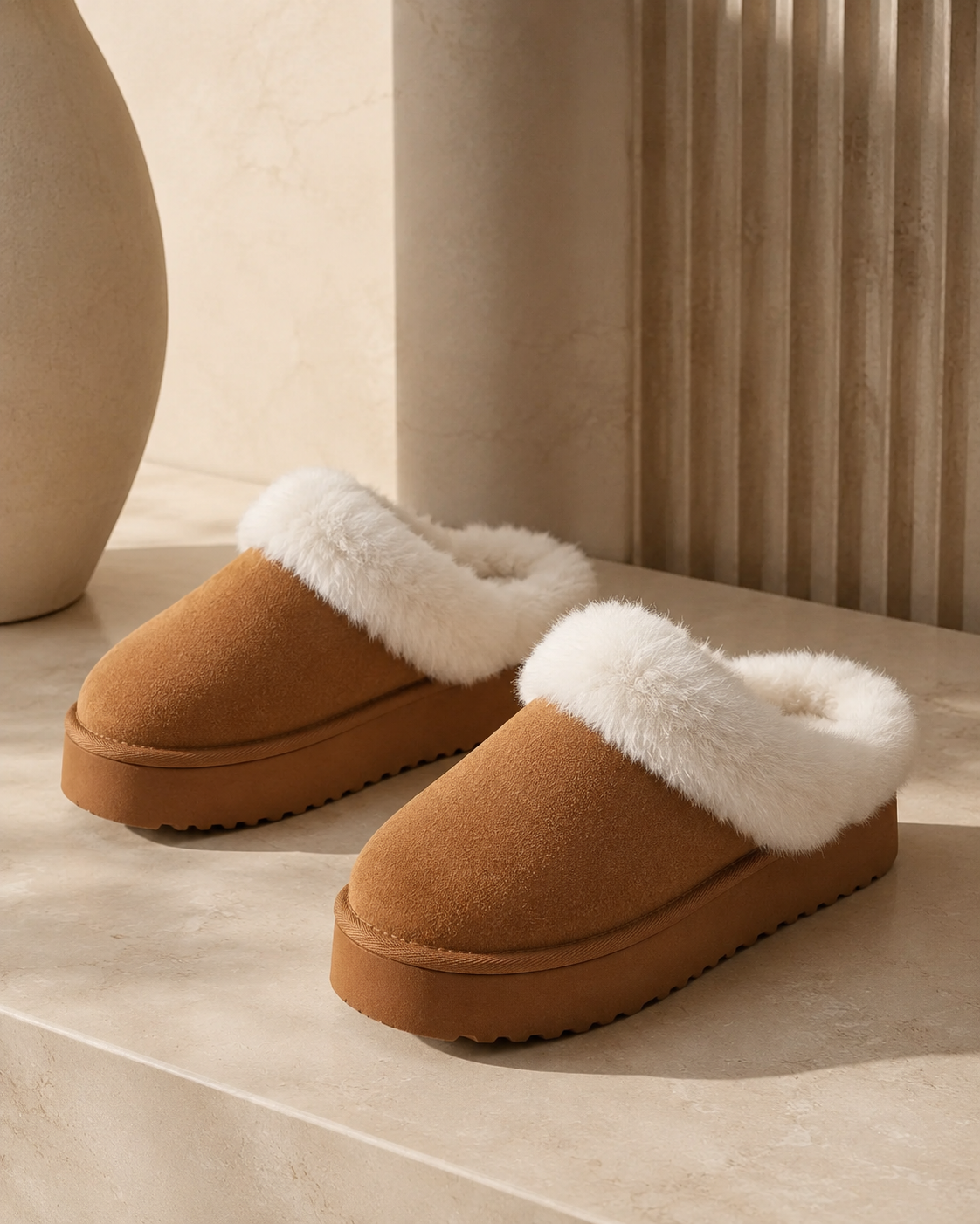 Chestnut Plush Suede Trim Thick Sole Flat Snow Boots