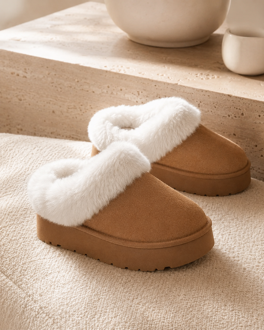 Chestnut Plush Suede Trim Thick Sole Flat Snow Boots