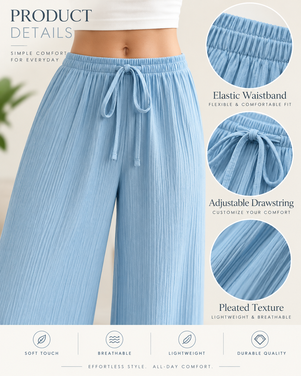 LÉONIE — Pantalón Palazzo Texturé-Azul