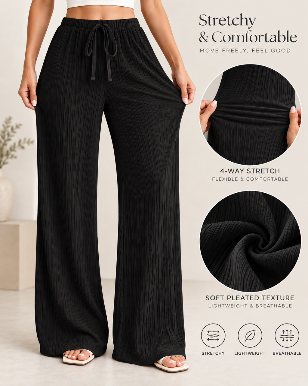 LÉONIE — Pantalón Palazzo Texturé-Negro