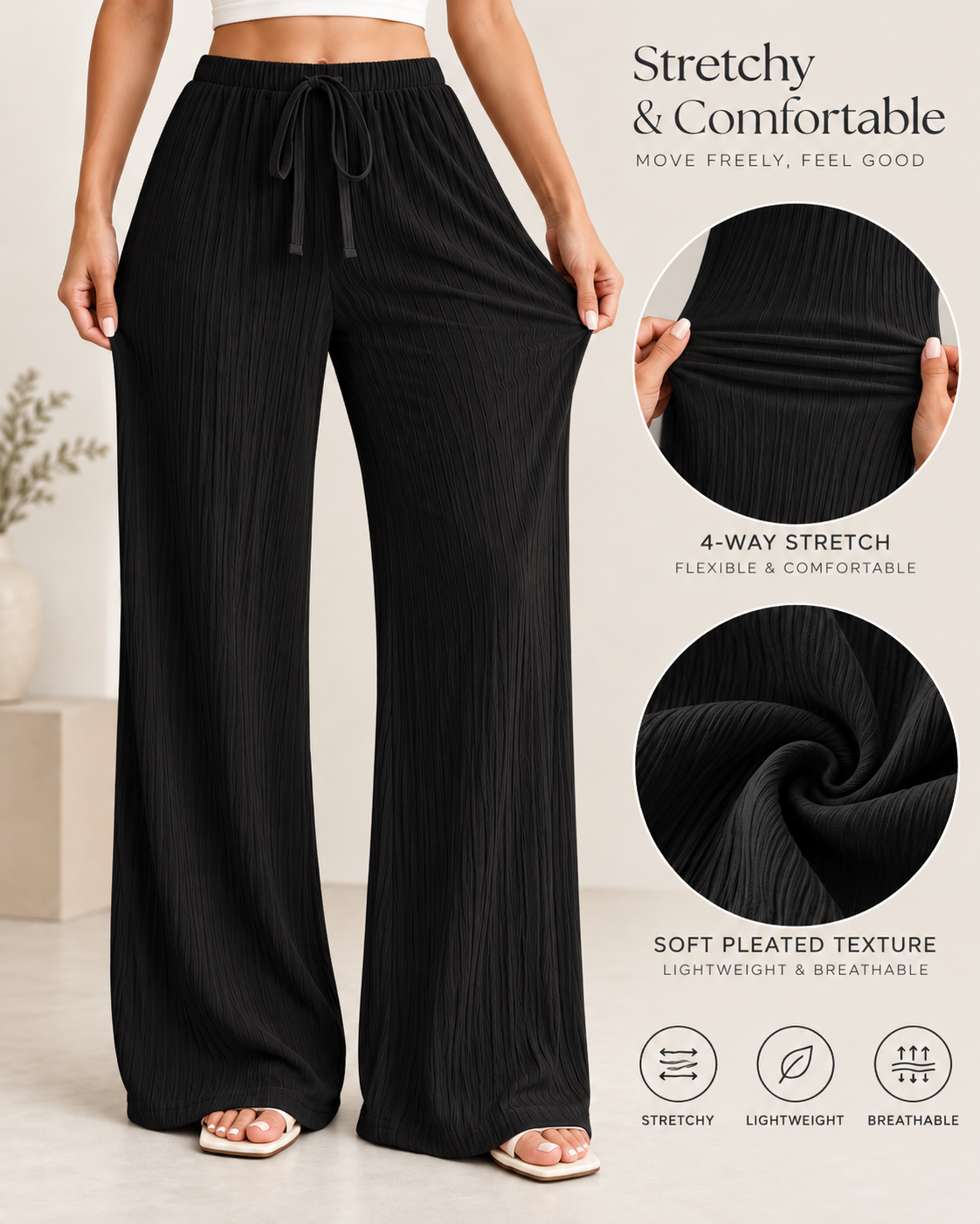 LÉONIE — Pantalón Palazzo Texturé-Negro