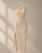 Serafina — Vestido Maxi Asimétrico-Beige