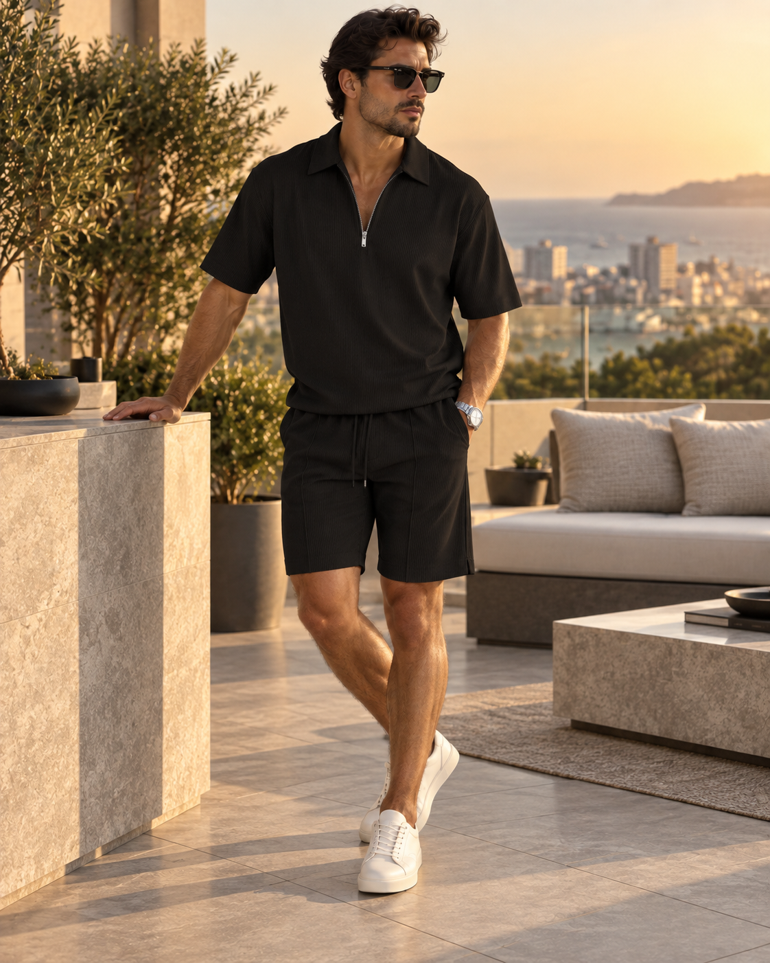 SELTRIAN – Conjunto Resort con Polo de Cierre y Short-Negro